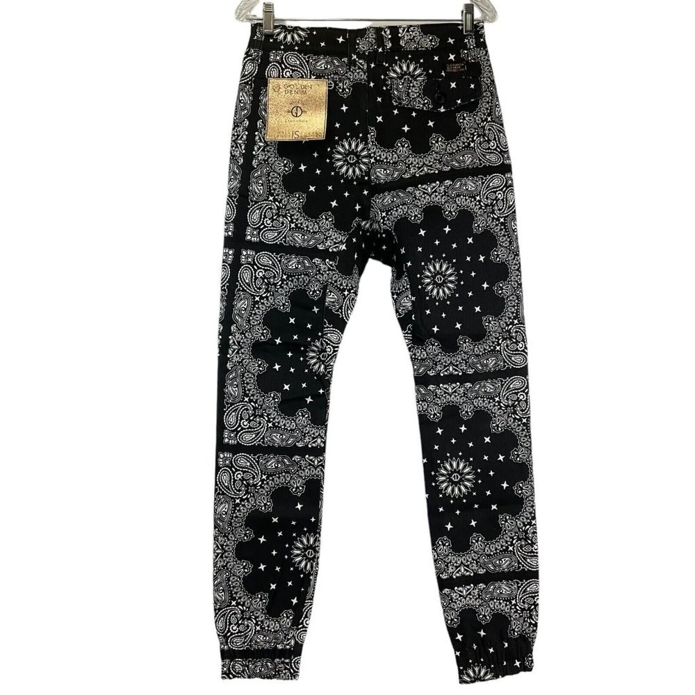 Golden Denim Jogger Pants Mens Sz 30 Black White Paisley Print Stretch $110 Nwt - Picture 2 of 12